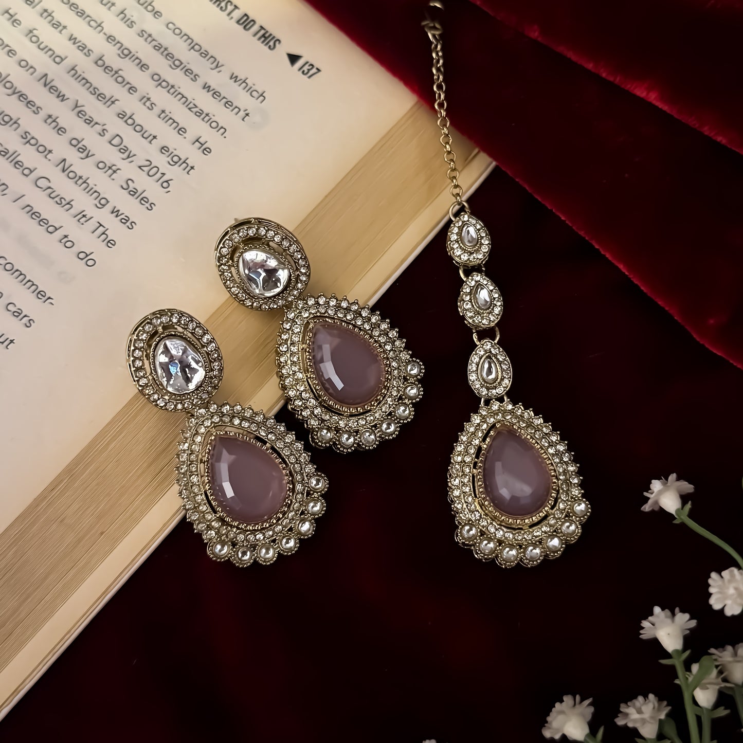 Pastel Pink & Green Mannat Zircone Polki Lookalike Premium Necklace Set