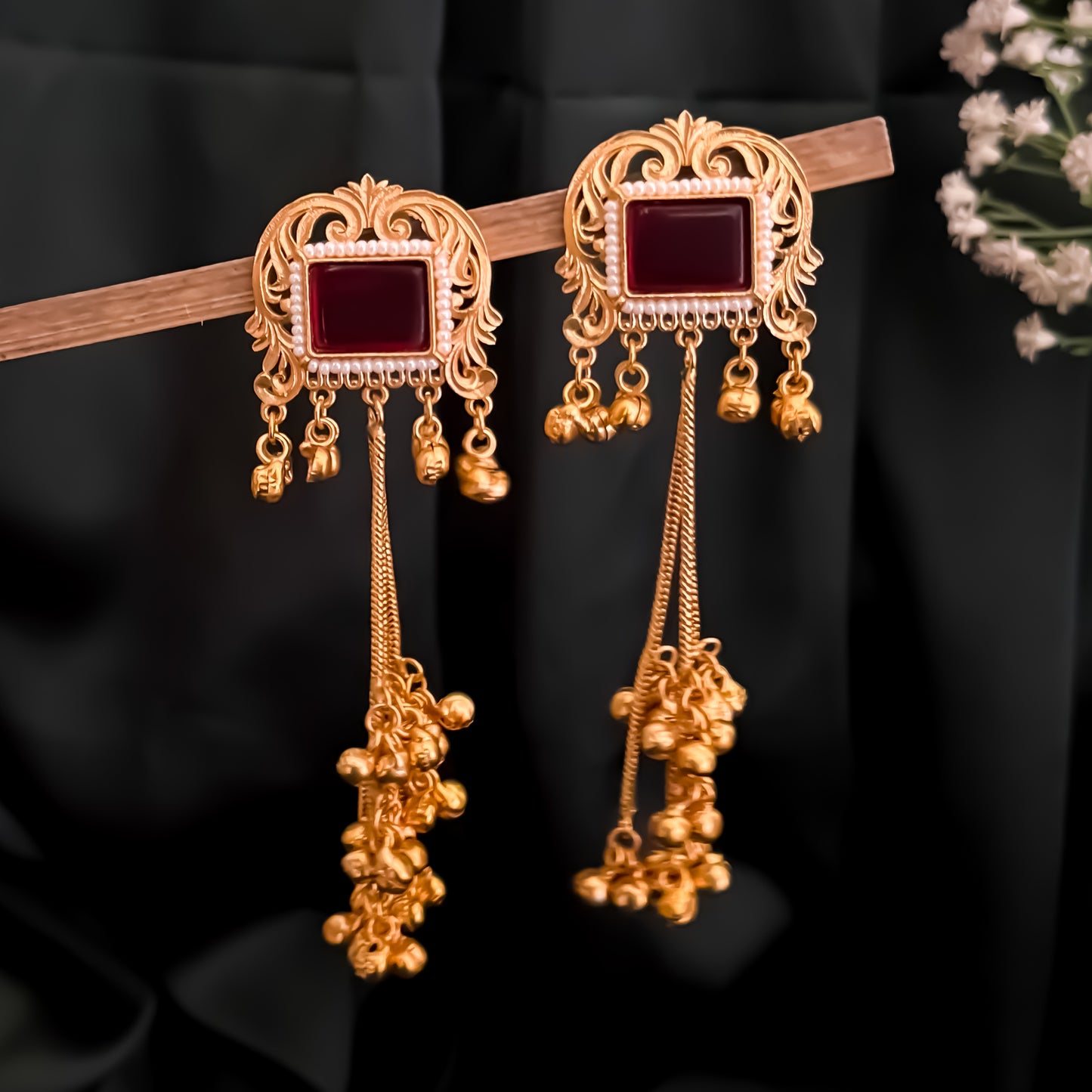 Kuntala Premium Kashmiri Brass Dejhoor Ghungroo Earrings - Golden & Maroon