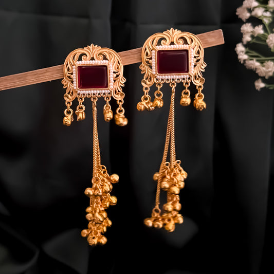 Kuntala Premium Kashmiri Brass Dejhoor Ghungroo Earrings - Golden & Maroon