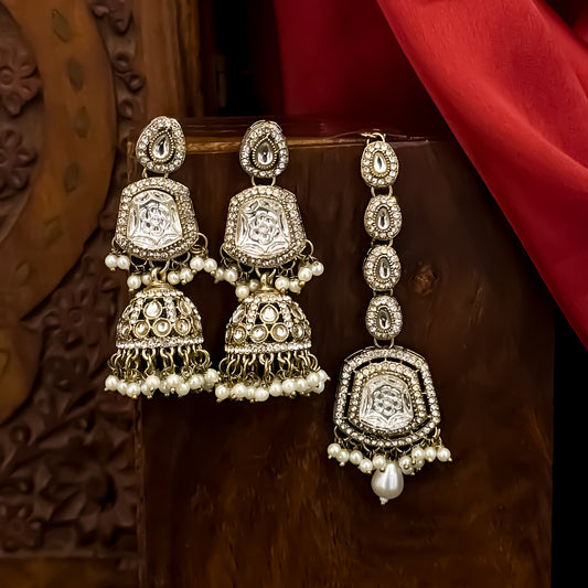 Ranjheya Premium Teeka & Jhumka Earrings Set - Ivory/Golden