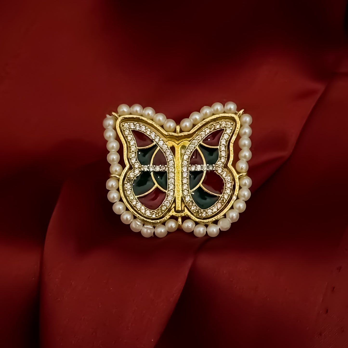 Titli Premium Brass Jadau & AD Work Adjustable Ring - Pink & Green