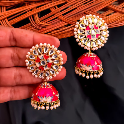 Kundan Meenakari Jhumka Hot Pink