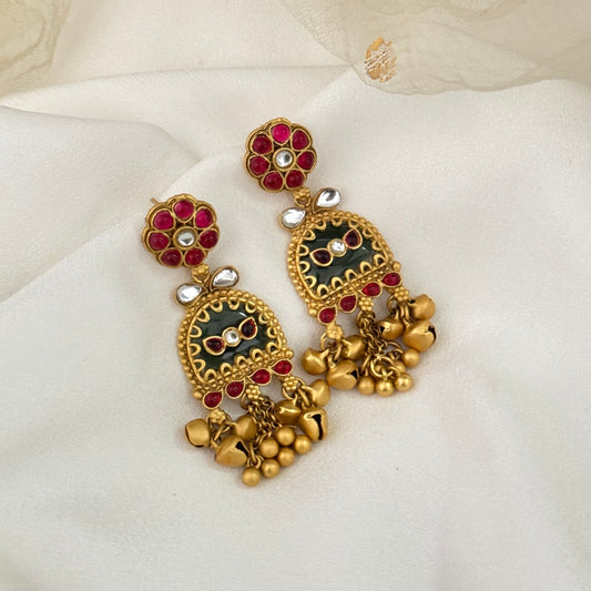 Shrinkhla Fusion Rajwadi Kashmiri Brass Ghungroo Chandbali Earrings - Pink & Green