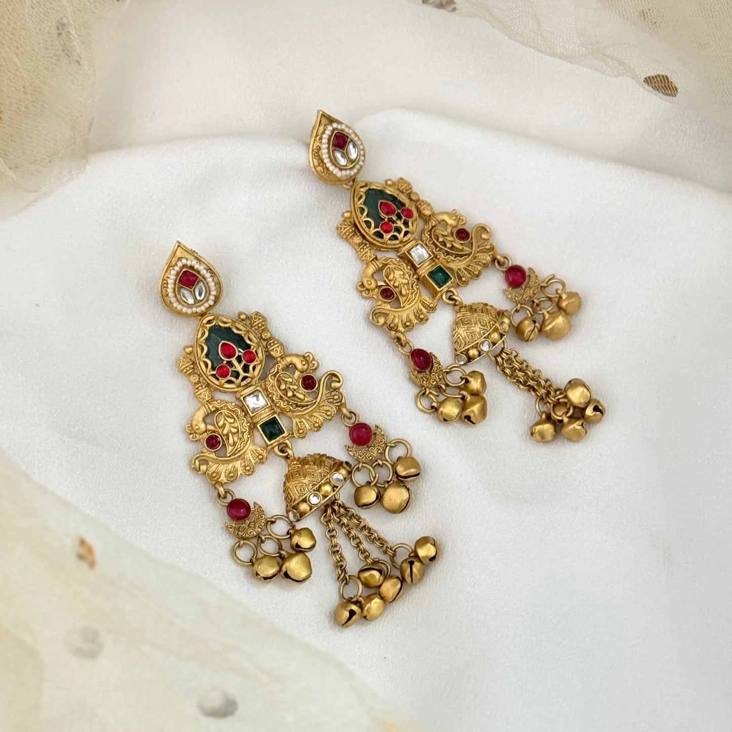 Mihir Fusion Rajwadi Kashmiri Brass Ghungroo Chandbali Earrings - Pink & Green