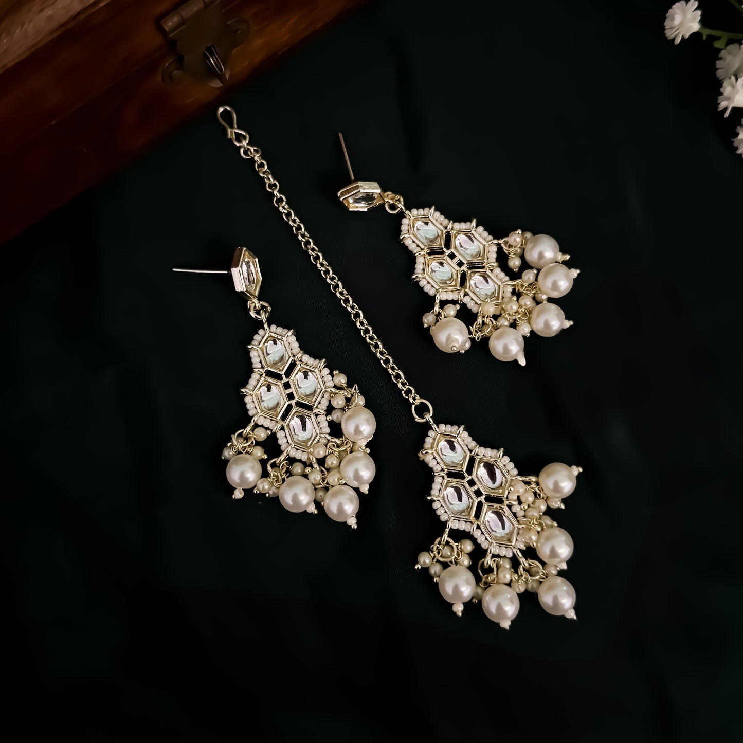 Rismat Kundan Pearl Necklace Set - Golden