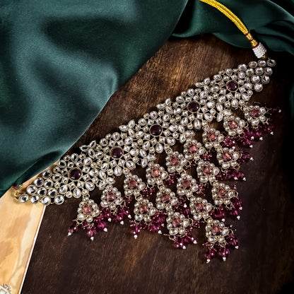 Shabana Premium Kundan Pearl Choker Necklace Set - Wine