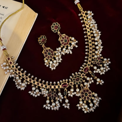 Qavithri Guttapushalu Temple Necklace Set - Pink & Green