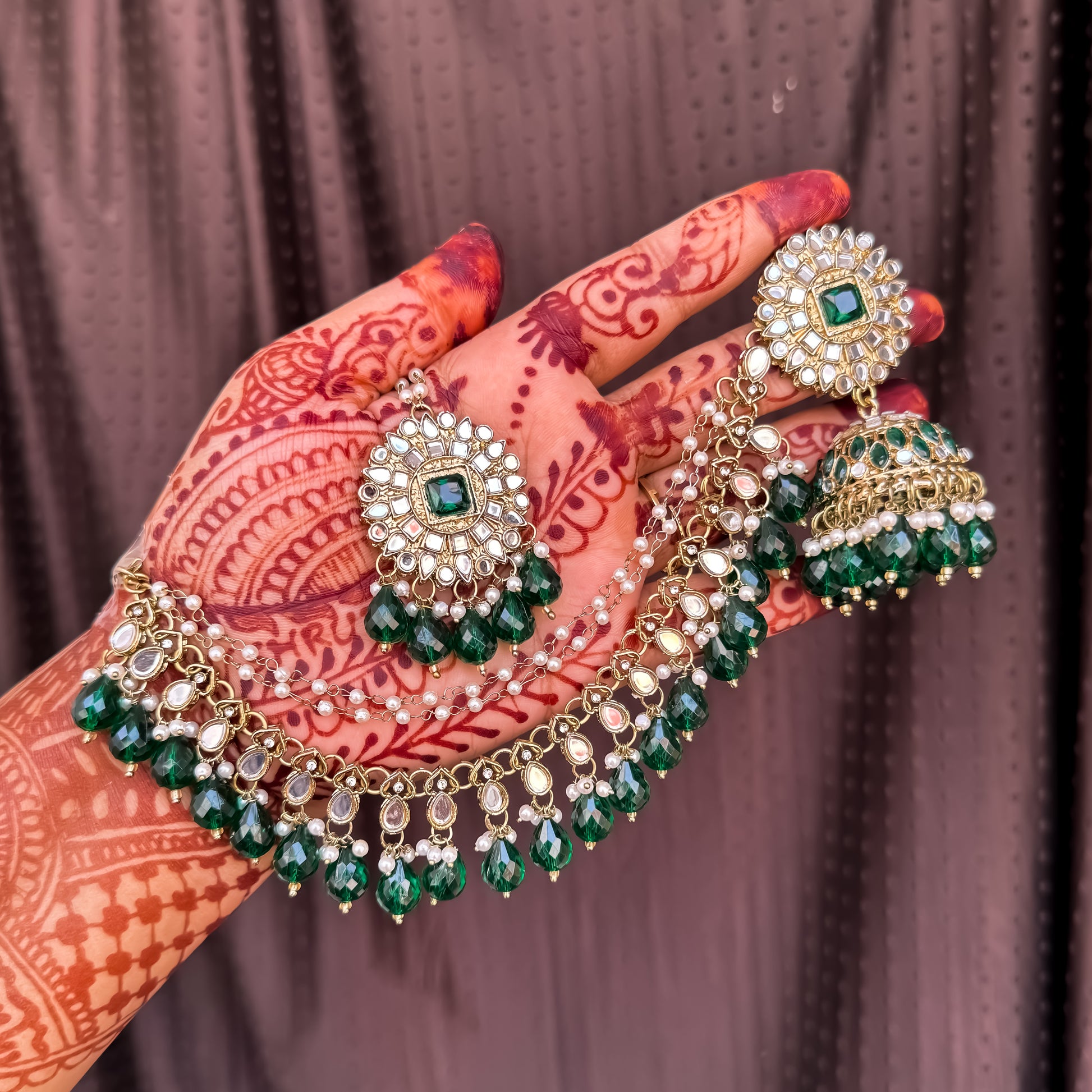 Masaba Mirror Jhumka Earrings with Sahara & Tika Set - Green
