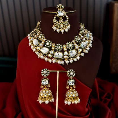 Divisha Premium Kundan Necklace Set - Golden & Green