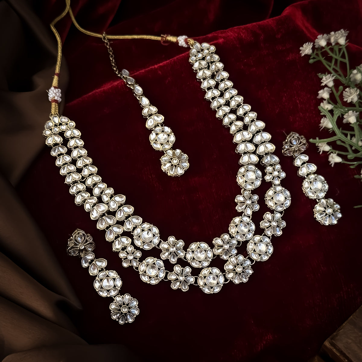Golden Nandisha Double Layer Kundan Necklace Set