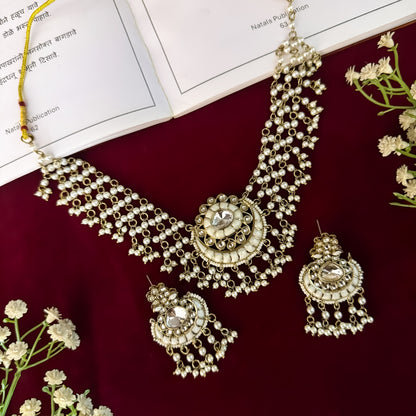 Golden Sanidhya Intricate Pearl Work Necklace set