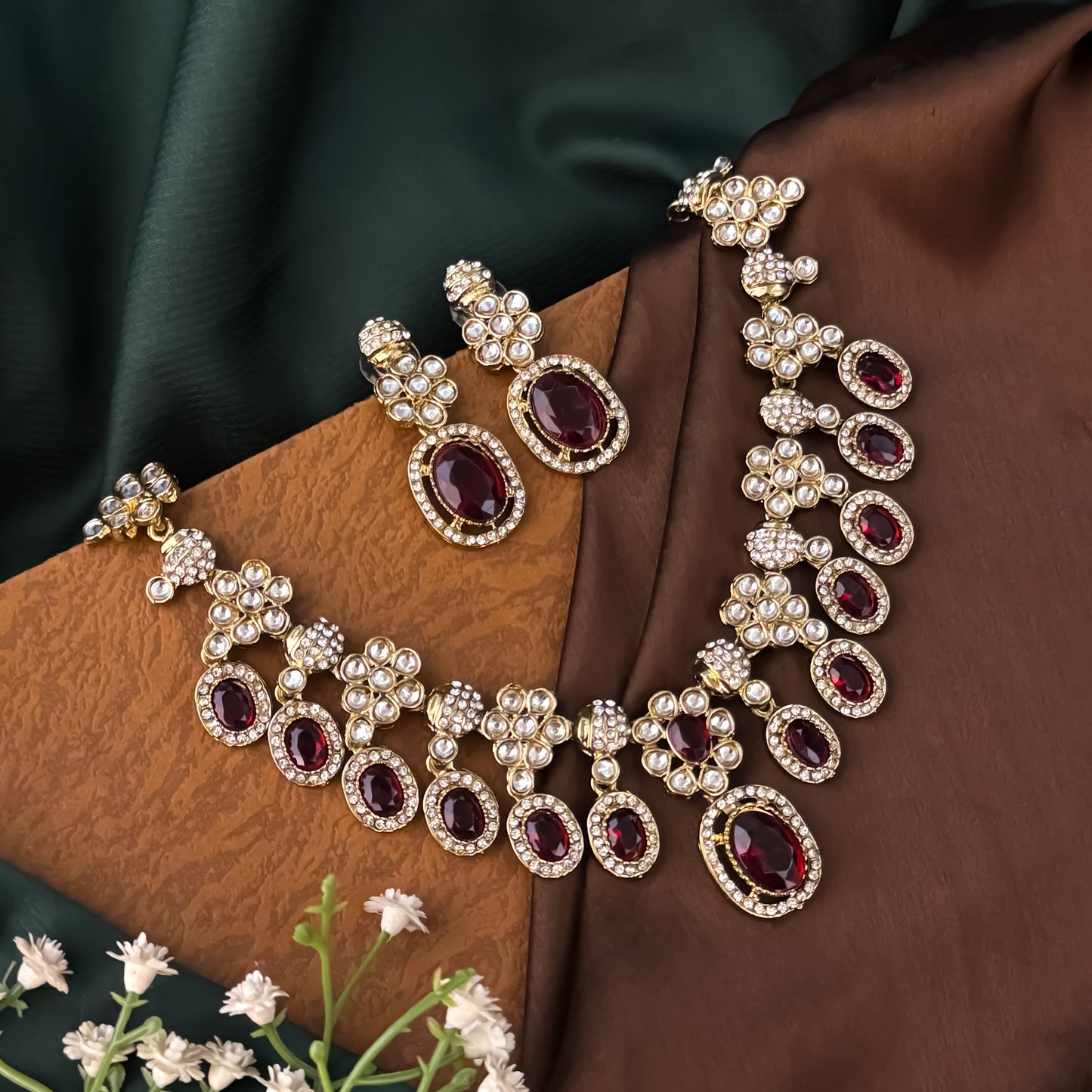 Maroon Tayani Zircon Kundan Necklace Set with Earrings