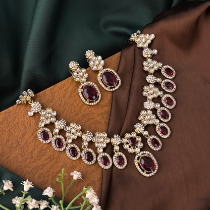 Maroon Tayani Zircon Kundan Necklace Set with Earrings