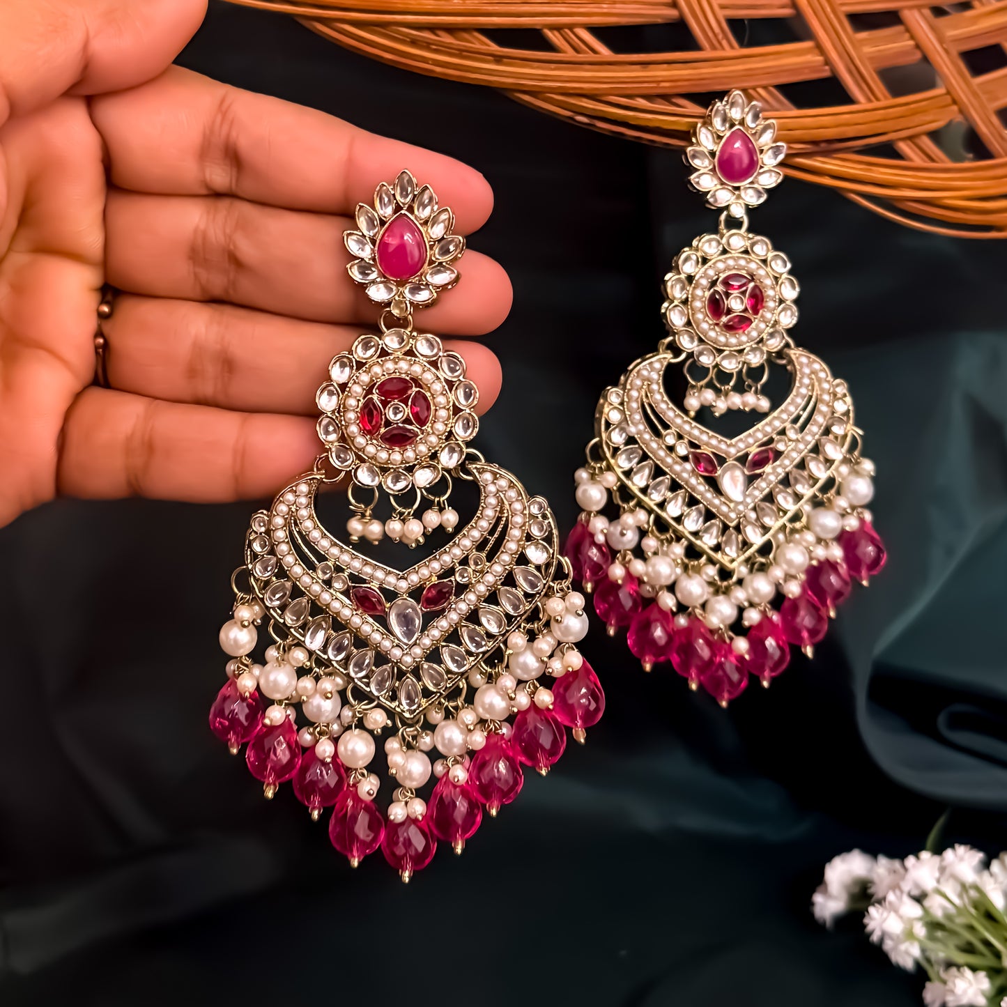 Shaba Jadau Kundan Chandbali Earrings - Hot Pink
