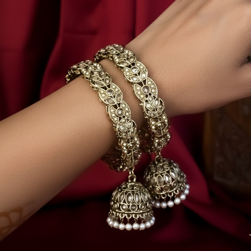 Lashkara Reverse AD Premium Jadau Kaleere Jhumka Bangles (Set of 2) - Golden