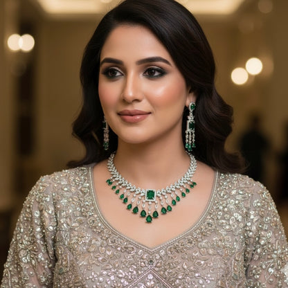 Nitara Silver AD Necklace Set - Green