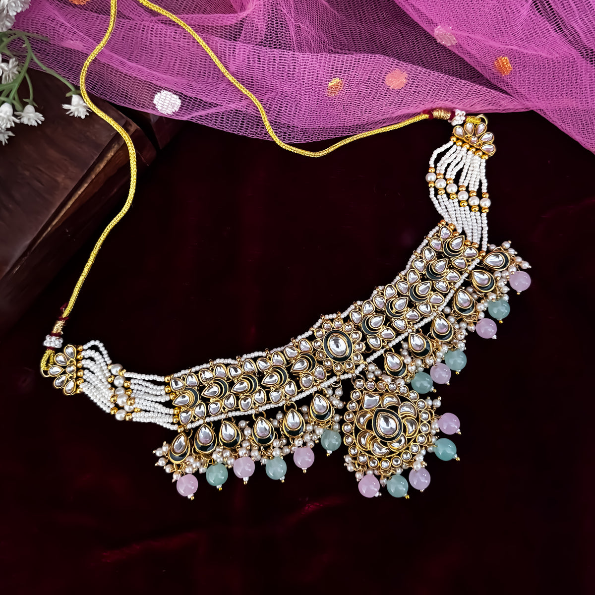 Pastel Pink & Green Rosen Kundan Choker Necklace Set