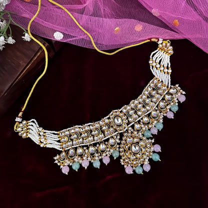 Pastel Pink & Green Rosen Kundan Choker Necklace Set