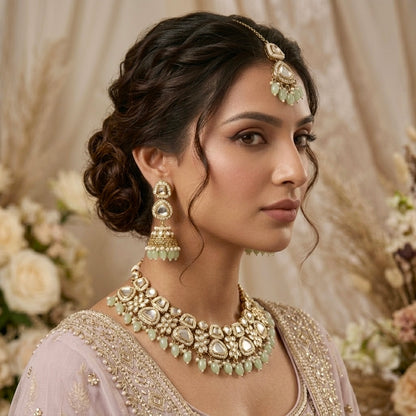 Ramsha Royal Kundan Necklace Set - Pastel Green
