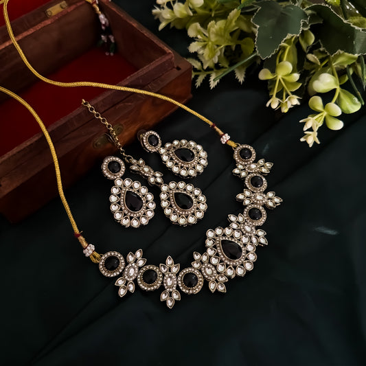 Israt Kundan Necklace Set - Black