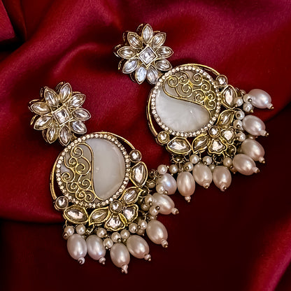 Ishika Premium Cutwork MOP Premium Chandbali Earrings - Golden