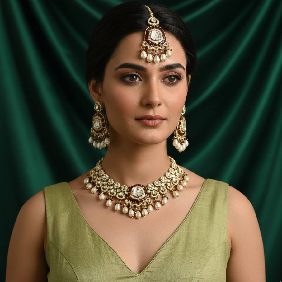 Tanishka Polki Premium Necklace Set - Maroon