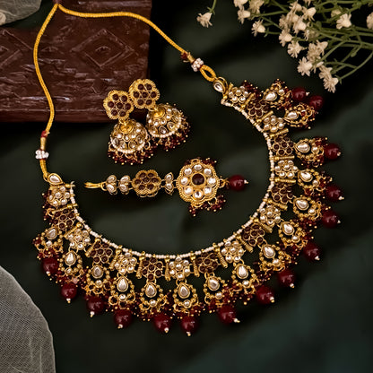 Etika Premium Kundan Necklace Set - Maroon