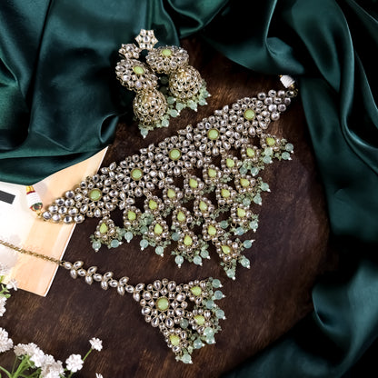 Shabana Premium Kundan Pearl Choker Necklace Set - Mint Green