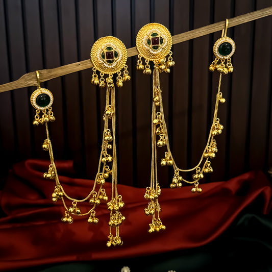 Shazia Premium Kashmiri Brass Ghungroo Earrings with Sahara/Earchains - Pink & Green