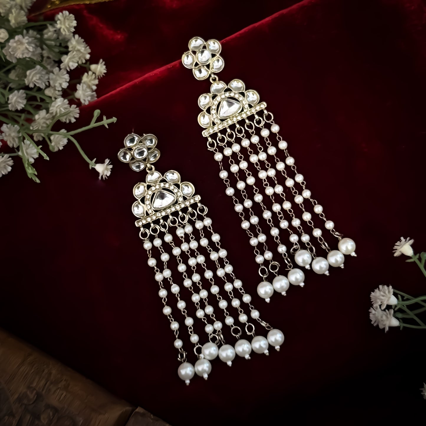 Nazar Kundan Dangler Earrings - Golden/Ivory