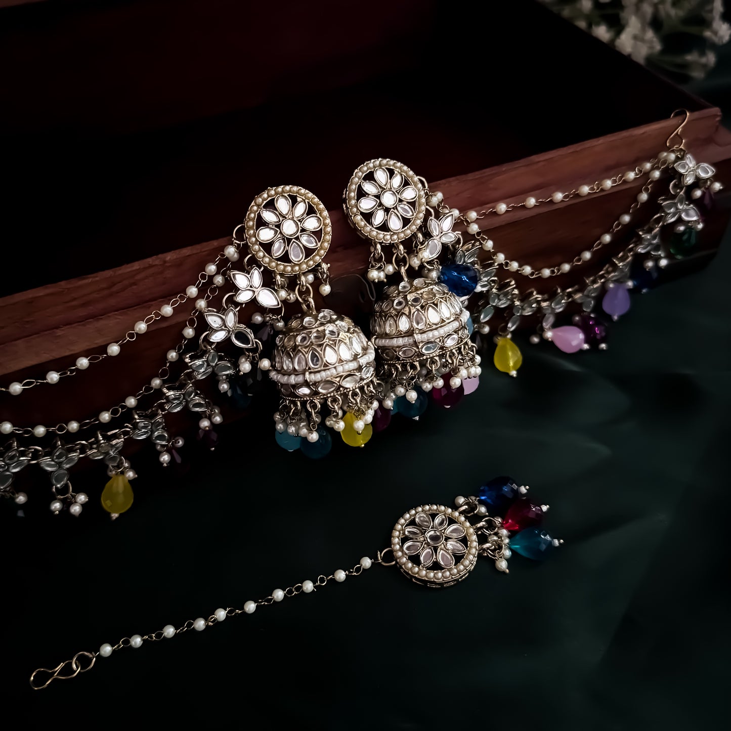 Kashish Jadau Mirror Jhumka Earrings with Sahara/Earchains - Multi