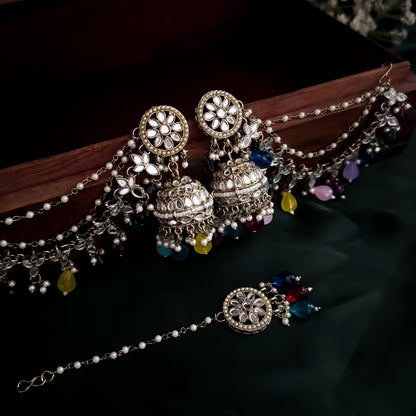 Kashish Jadau Mirror Jhumka Earrings with Sahara/Earchains - Multi