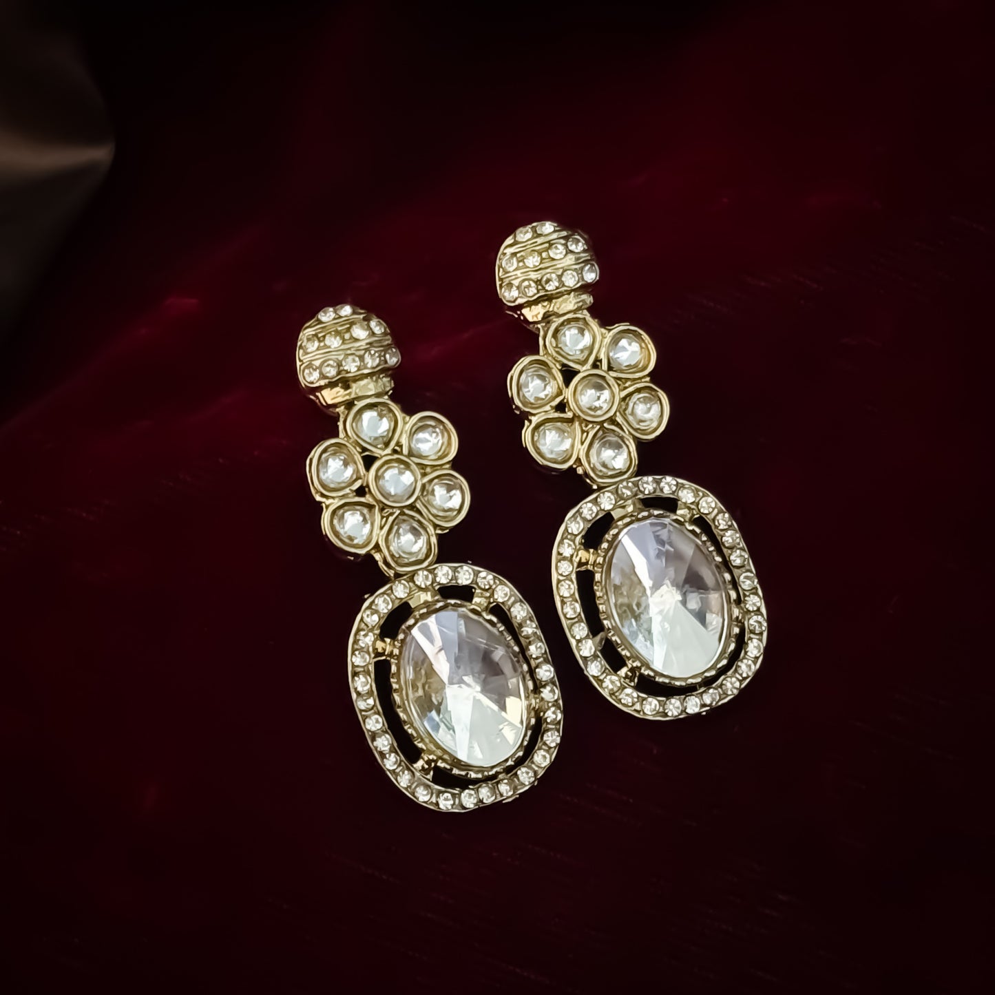 Golden Tayani premium zircon kundan necklace set featuring floral clusters scalloped oval stones with micro crystal halos and large teardrop center drop matching earrings