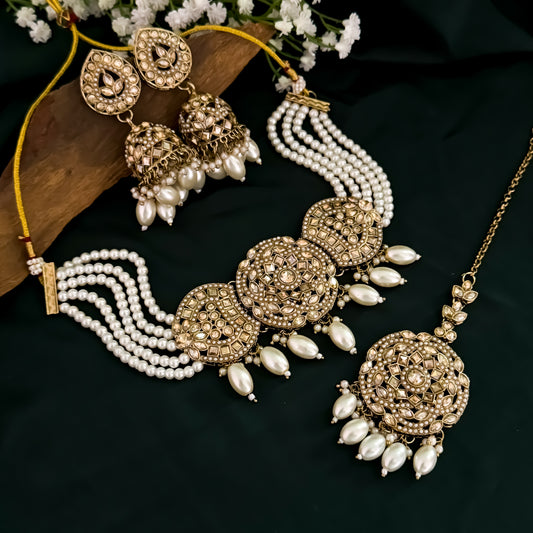 Tansia Jadau Royal Jadau Reverse AD Necklace Set - Golden
