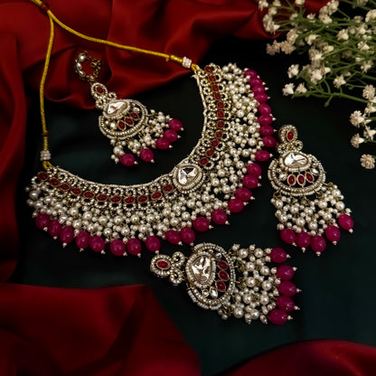 Lavya Pearl Premium Necklace Set - Hot Pink