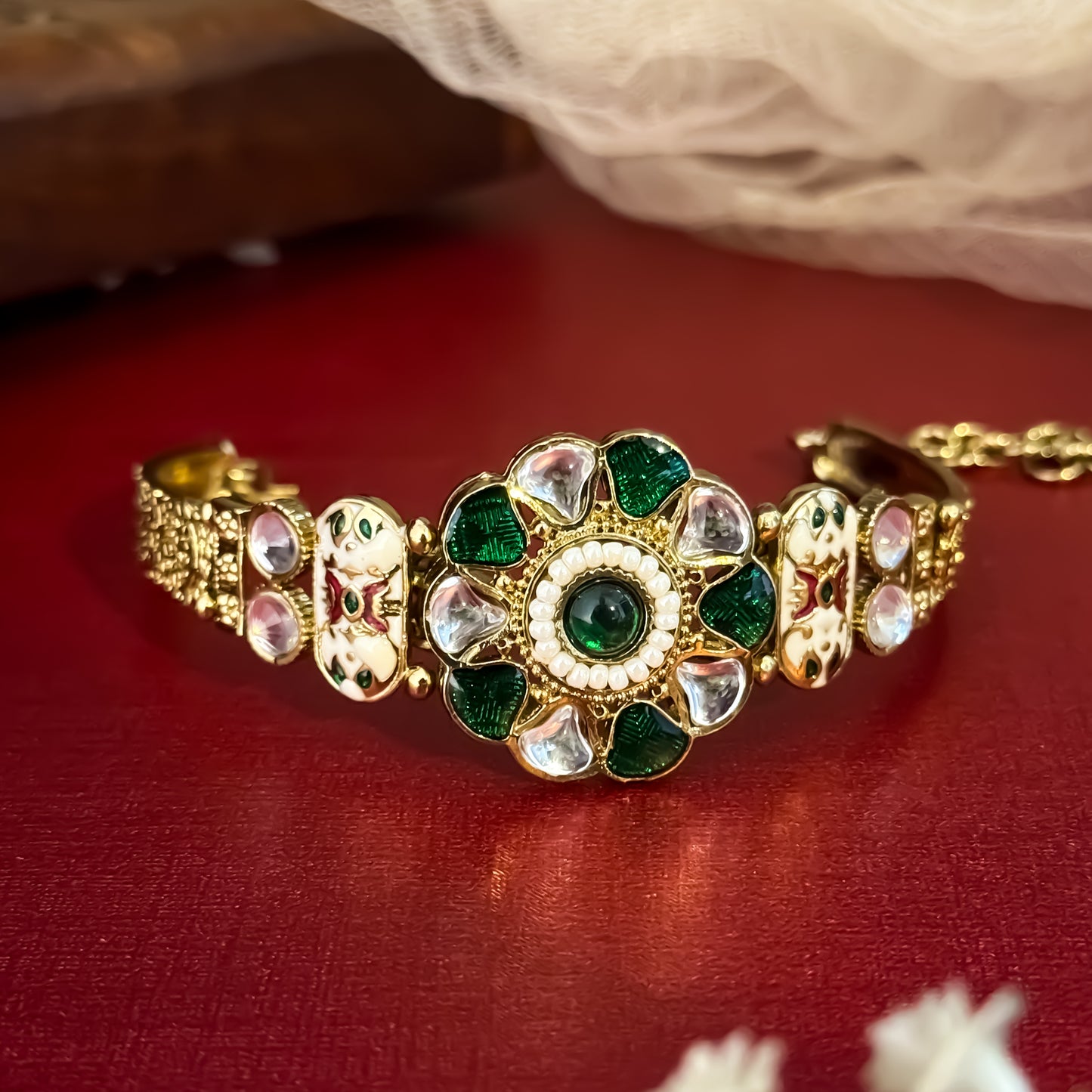 Green Farukh Kashmiri Kundan Adjustable Bracelet