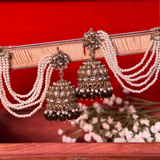 Mehvish Jadau Reverse AD Jhumka Earrings with Earchain - Mehendi Green