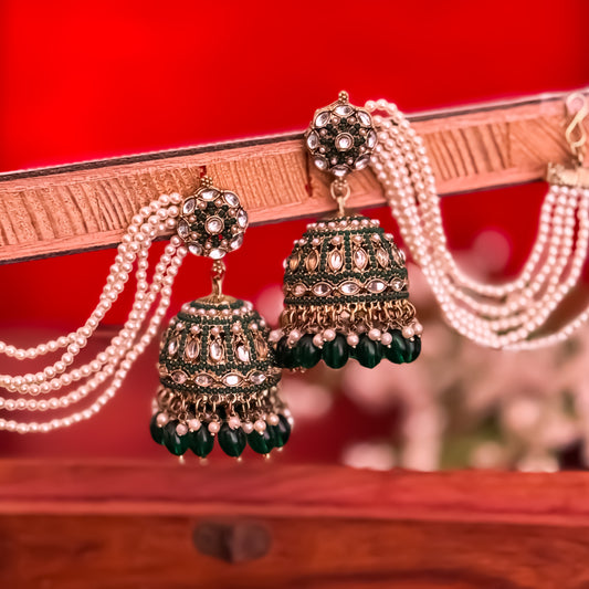 Mehvish Jadau Reverse AD Jhumka Earrings with Earchain - Green