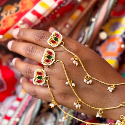 Kamaltika Adjustable Kashmiri Brass Haathphool (Pair) - Pink & Green