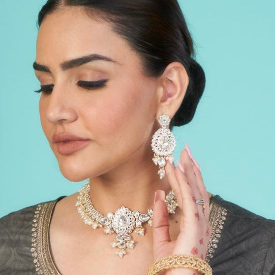 Namita Golden Necklace with Earrings Set