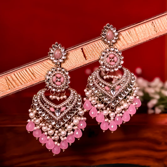 Shaba Jadau Kundan Chandbali Earrings - Baby Pink