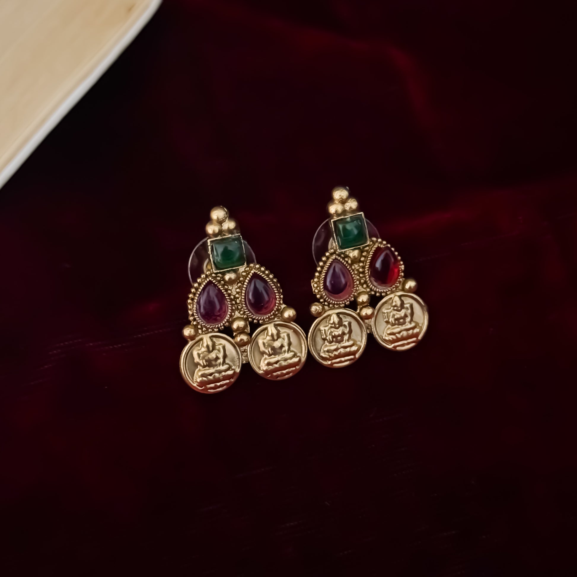 Padma premium antique gold temple kasu mala necklace set featuring double rows of sculpted goddess lakshmi coins pink and green stones with matching earrings