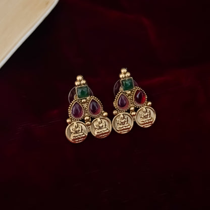 Padma premium antique gold temple kasu mala necklace set featuring double rows of sculpted goddess lakshmi coins pink and green stones with matching earrings