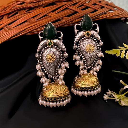Ruhani Premium Brass Dual Tone Jhumka Earrings - Green