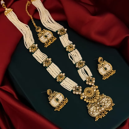 Kinjal Rajwadi Long Necklace Set - Green