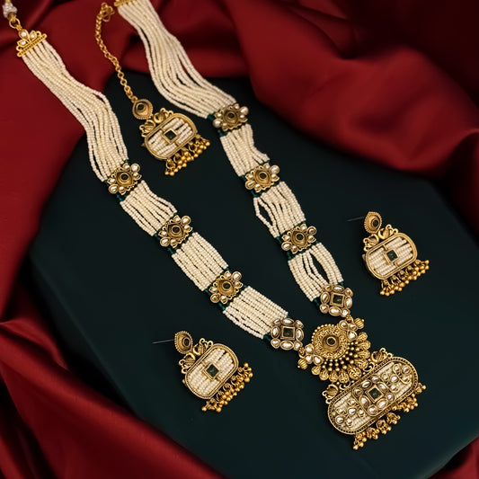 Kinjal Rajwadi Long Necklace Set - Green