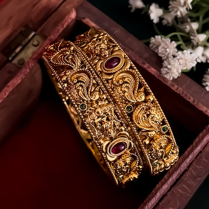 Padmini Peacock Temple Gold Bangles - Set of 2 (Golden)