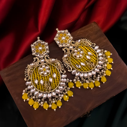 Dhwani Kundan Pearl Chandbali Earrings - Yellow