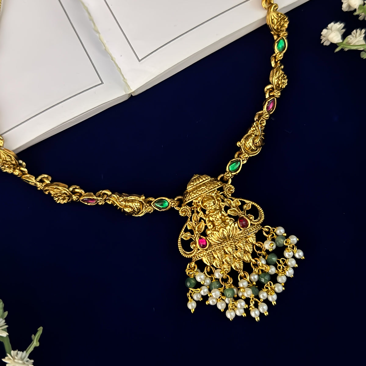Krishi Lakshmi Temple Pendant Necklace Set - Green & Pink