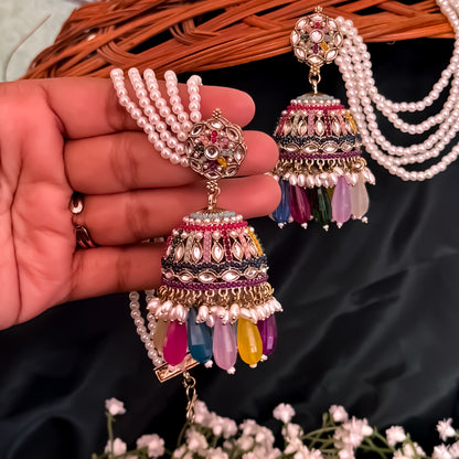 Mehvish Jadau Reverse AD Jhumka Earrings with Earchain - Multi